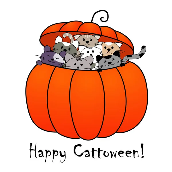 Tarjeta Felicitación Divertida Feliz Halloween Gatitos Calabaza Ilustración Vectorial — Vector de stock