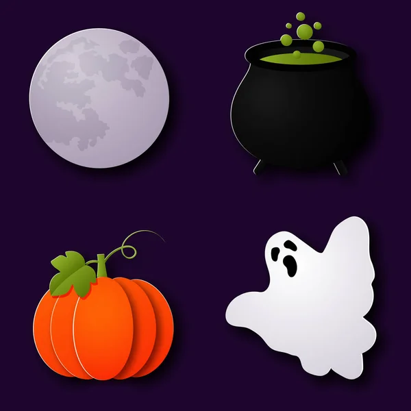 Feliz Halloween Conjunto Elementos Estilo Corte Papel Fantasma Calabaza Luna — Vector de stock