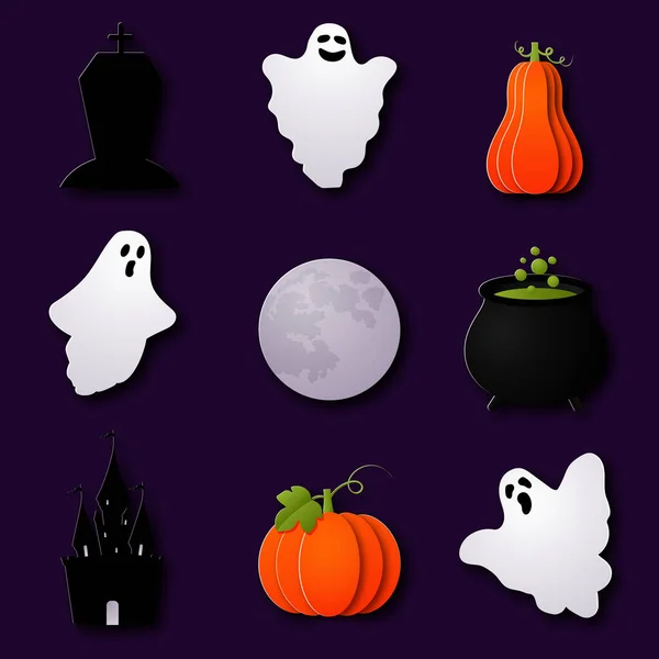 Feliz Halloween Conjunto Elementos Estilo Corte Papel Fantasma Calabaza Castillo — Vector de stock