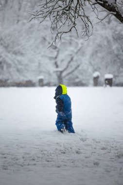 Mavi kışlık ceketli mutlu çocuk ağaçlar arasında karda oynamaktan hoşlanıyor. Kar taneleri düşüyor..