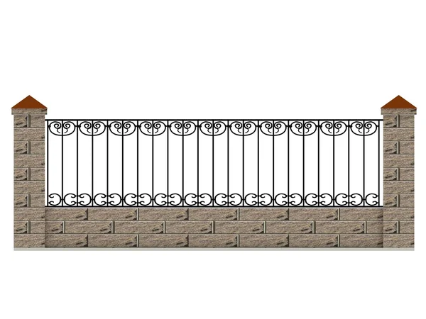 Sezione di recinzione in mattoni con decorazione vorticosa in metallo — Foto Stock
