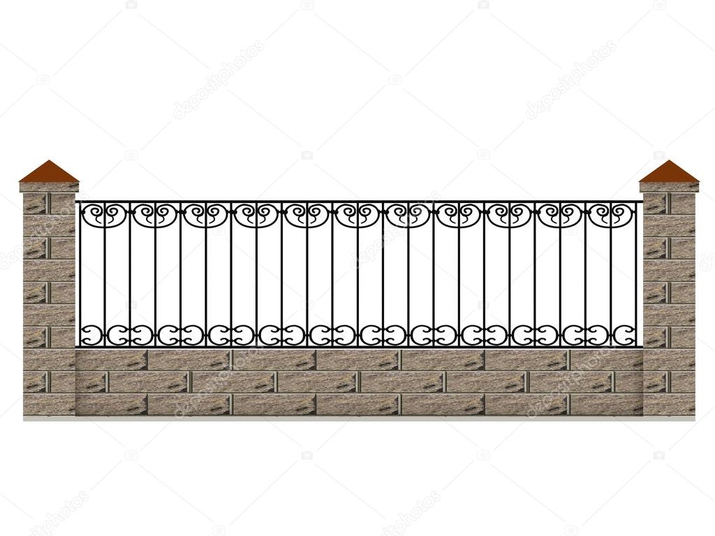 Brick fence section with metal swirly decoration