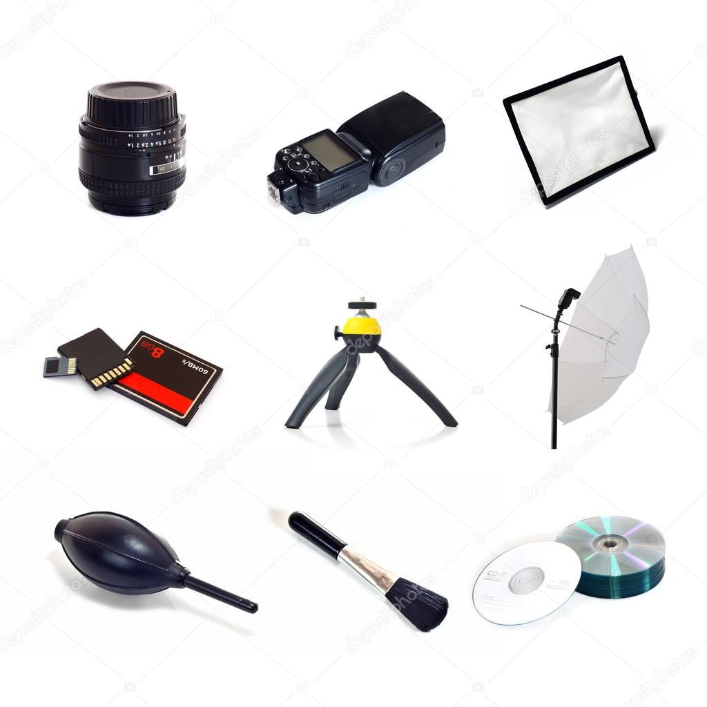 camera accessories isolate on white background