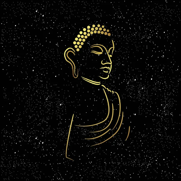 Testa Buddha Dorata Con Elemento Bordo Dorato Isolato Sfondo Nero — Vettoriale Stock