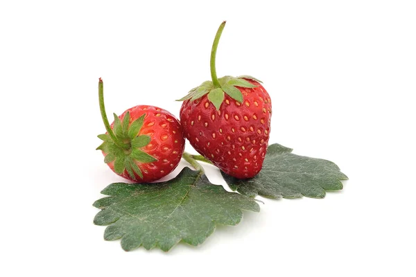 Schöne Erdbeeren und Blätter isoliert auf weiß — Stockfoto