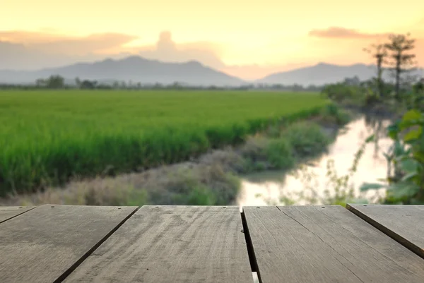 Desenfoque e imagen borrosa de madera de terraza y hermoso campo de arroz en la hora de la puesta del sol para el uso de fondo —  Fotos de Stock
