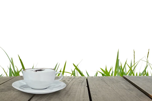 Terras hout en cappuccino koffie met witte isoleren achtergrond — Stockfoto