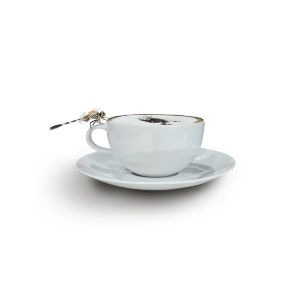 Café Cappuccino em copo branco com libélula — Fotografia de Stock