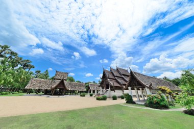 Ancient wooden teak temple of Lanna architecture with fine woodc
