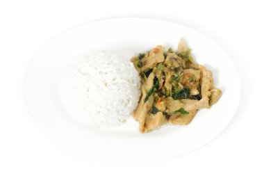 Kızarmış domuz eti ve fesleğenli pilav.