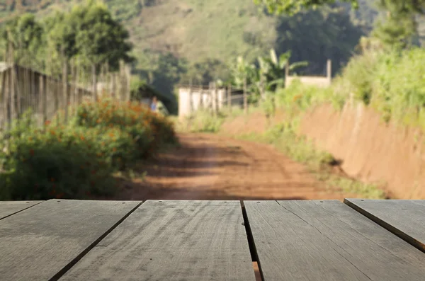 Defocus and blur image of terrace wood and scenery view of local — Stock Photo, Image