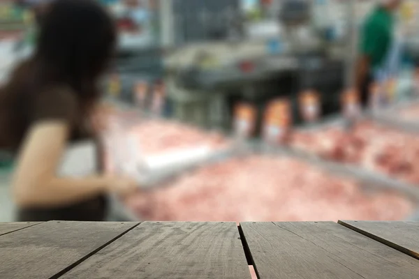 Defocus and blur image with terrace wood of housekeeper buy pork — Stock Photo, Image