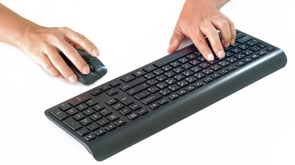 stock image Hands on mouse while working on job isolate on white