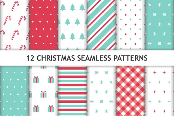 12 tane kusursuz Noel deseni. Kırmızı, yeşil ve beyaz. Yeni yıl arkaplanları. Tekstil baskısı, ambalaj kağıtları vs. için kullanılabilir. Vektör illüstrasyonu.