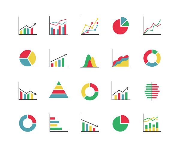 İş istatistikleri renkli simge seti. 20 soyut grafik, grafik, diyagram, bilgi, veri analizi, istatistik araçlarının toplanması. Vektör illüstrasyonu. 