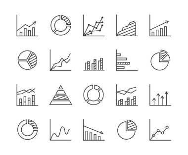 İstatistikler - çizgi simgesi seti. 20 grafik, grafik, diyagram, veri analizi ve istatistik aleti koleksiyonu. Beyaz arka planda izole edilmiş. Vektör illüstrasyonu.