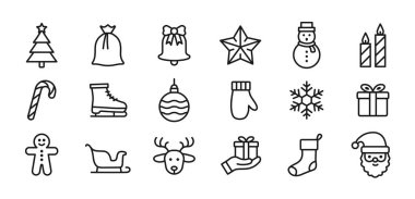 Yeni Yıl çizgisi simgesi düzenlenebilir vuruşla ayarlandı. Basit kış dönemi taslak simgeleri. Noel ağacı, süsler, hediye, kar tanesi, Noel Baba, ren geyiği sembolleri. Vektör İllüstrasyonu.