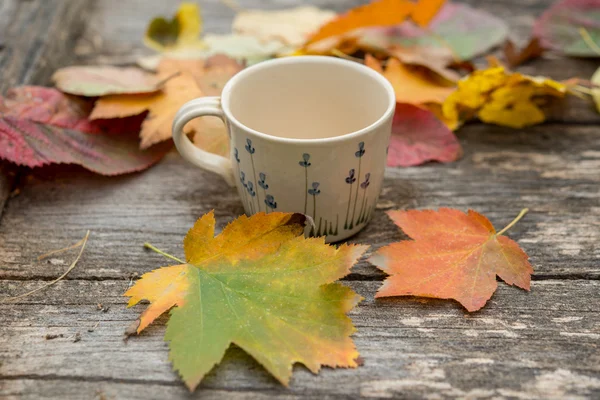 Heißer Kaffee und Herbstblätter auf Holz-Hintergrund - saisonales Relax-Konzept — Stockfoto