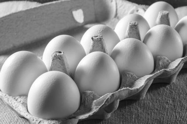 Karton kasette beyaz tavuk yumurtası. Kumaş arka plan. Siyah beyaz fotoğraf. Kapat..