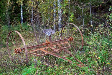 Ormanın arka planında terk edilmiş eski tarım makineleri ve genç büyüme. Tamir izleri, pas. Zamanın geçişi kavramı..