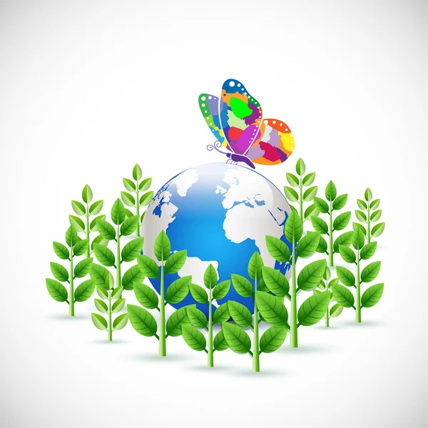 Земля окружена зелеными растениями символом и бабочкой, экологическая концепция изолирована на белом фоне. Векторная иллюстрация — стоковый вектор