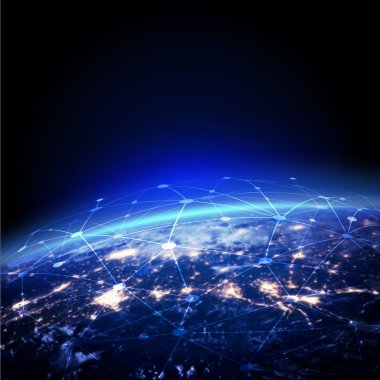 mesh bağlantı kavramı ve uzaydan ışık ufku ile dünya, vektör illüstrasyon