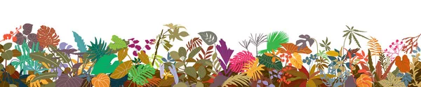 Renkli Farklı Tropikal Bitkiler Dalları Ile Yatay Sınır Arka Planda Stok Illüstrasyon
