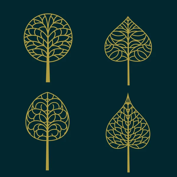 Set di oro Albero simbolo isolato su sfondo scuro, illustrazione vettoriale — Vettoriale Stock