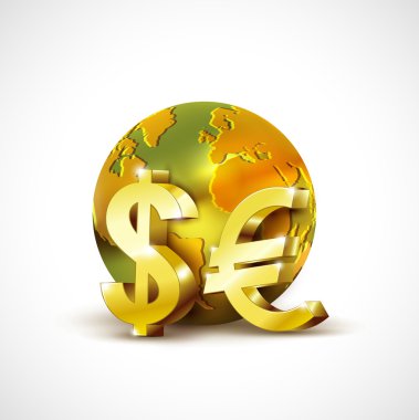 World economic concept with 3d gold world dollar and euro currency isolated on white background illustration