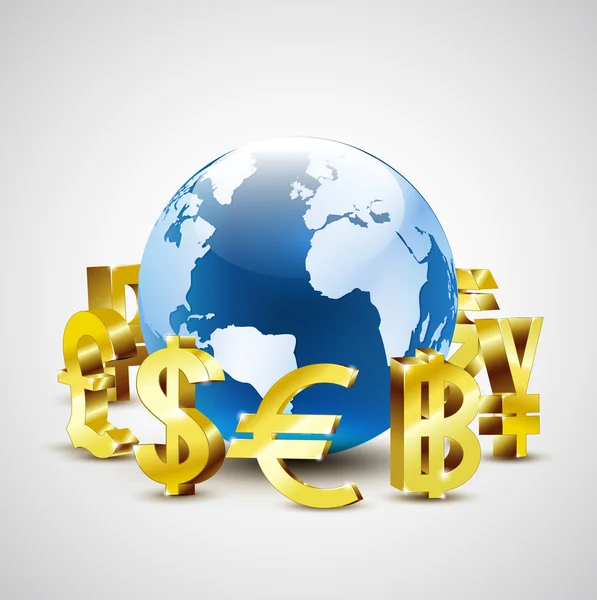 Golden world currency symbols moving around 3d world for global economic concept illustration — Zdjęcie stockowe