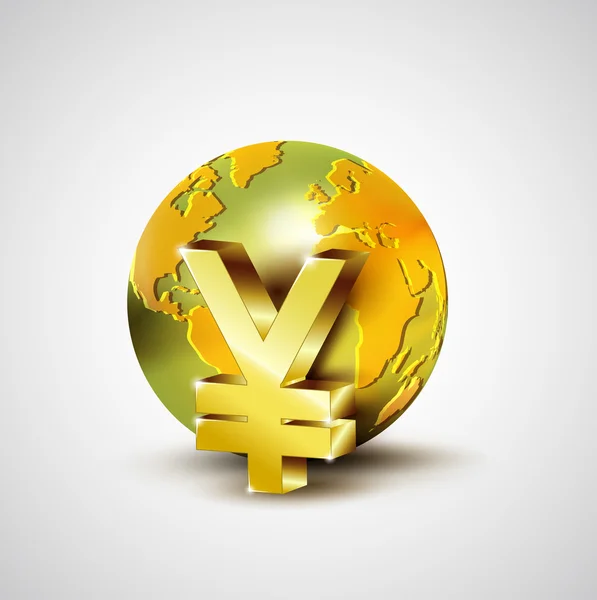 Conceito econômico mundial com 3d mundo de ouro e moeda ienes isolado em fundo branco ilustração — Fotografia de Stock