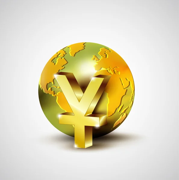 Conceito econômico mundial com mundo de ouro 3d e moeda Yuan isolado no fundo branco ilustração — Fotografia de Stock