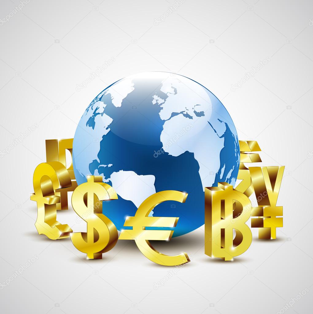 Golden world currency symbols moving around 3d world for global economic concept illustration