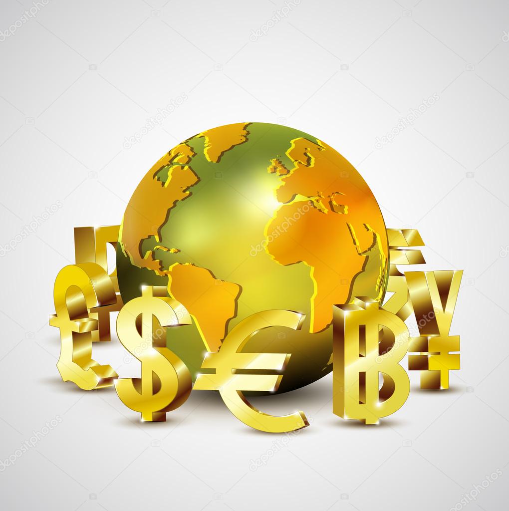 World currency symbols moving around 3d golden world illustration