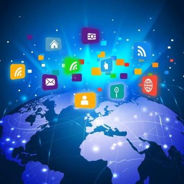 Futuristic world with colorful media network symbol for communication & technology business concept on motion background illustration