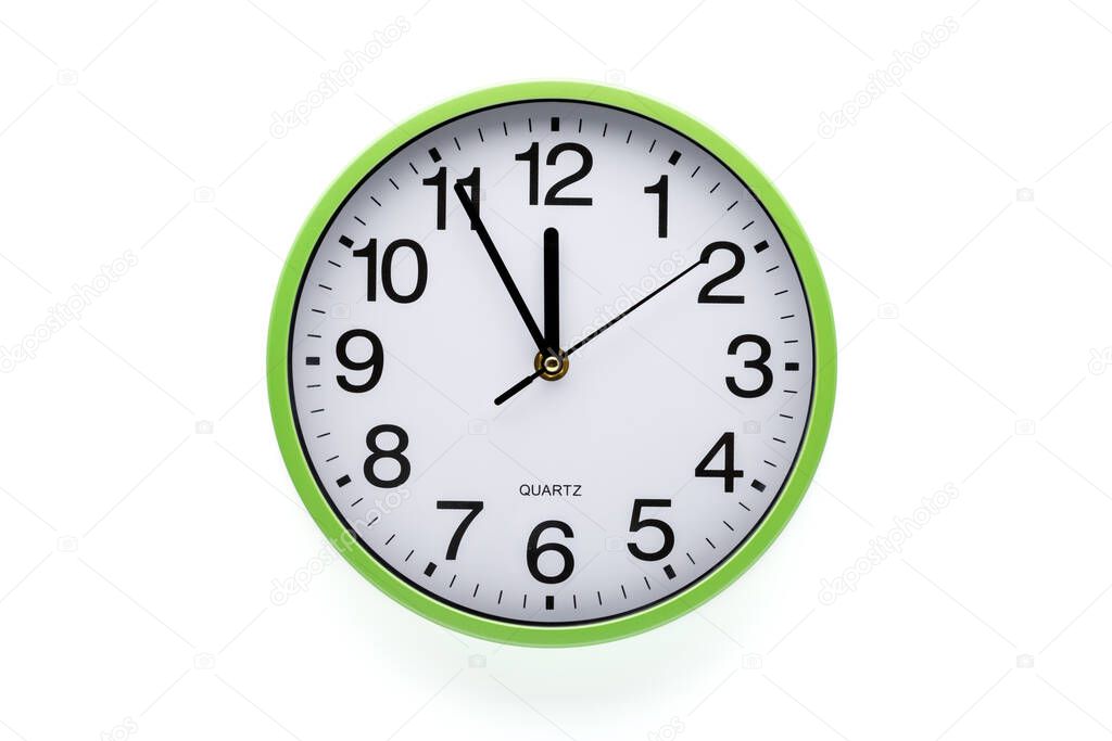 Five minutes to twelve. Clock on white background. Clipping path included. Copy space. 