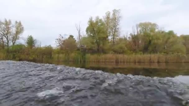 Yacht beveger seg langs elven på en høst-dag. Kysten reflekteres i vannet. – stockvideo