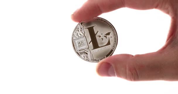 Litecoin Coin Hands Man White Background — Stock Video