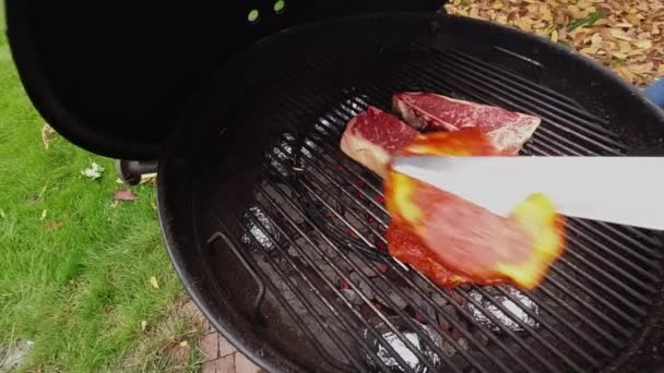 Izgarada biftek pişiriyorum. — Stok video