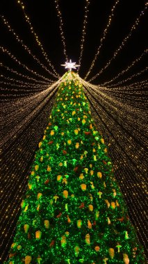 Parlayan çelenkleri ve parıldayan ışıkları olan Noel ağacı.