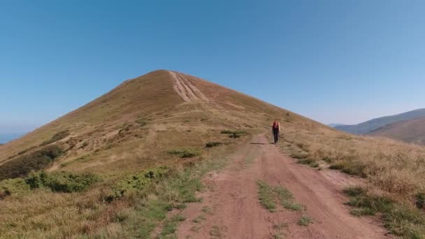 Kirándulás a hegyekben egy napos nyári napon. Leszállás a hegyről. — Stock videók