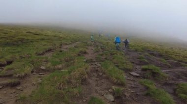 Sisteki turistler Hoverla, Ukrayna, Karpatlar 'a tırmanıyor. Hoverla, Ukrayna Karpatları 'ndaki en yüksek dağdır. Yüksekliği 2061 metreye ulaşır.
