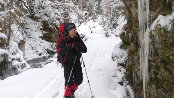 バックパック付きの観光客は凍った滝まで歩いて巨大なつららを分解します — ストック動画