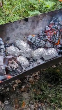 Açık hava barbekü pişirme ve piknik hazırlamak için kamp ateşi kömürüne sarılı folyo koyan eldivenli elin dikey videosu.