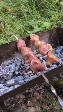 Sıcak kömürlerin üzerine mangal pişirmek için mangal kömürü koyulan şişlenmiş çiğ etin dikey videosu.