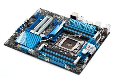 Blue computer motherboard circuitry closeup shot, showcasing complex digital electronic components. Essential hardware for data processing, innovation, and future technology.