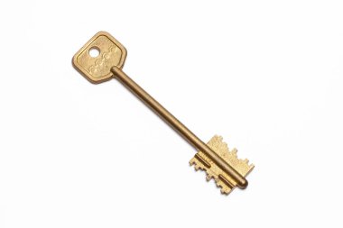 A single golden metal key to a door lock, representing concepts of security, access, and real estate. The solution to unlocking a house, isolated on a white background.