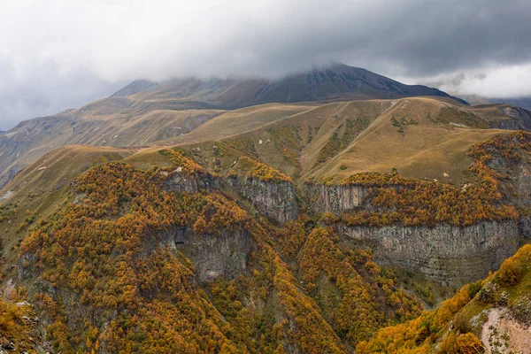 Sonbahar mevsiminde, dramatik bir Kafkasya dağ manzarası, altın orman yamaçlarını ve alçak, sisli gökyüzünün altındaki kayalık uçurumları gözler önüne seriyor..