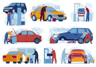 Vektör çizimleri için araba tamiri servisi. Tamirciler oto tamirhanesinde, araba kontrolleri. Araçlar tamir ediliyor.