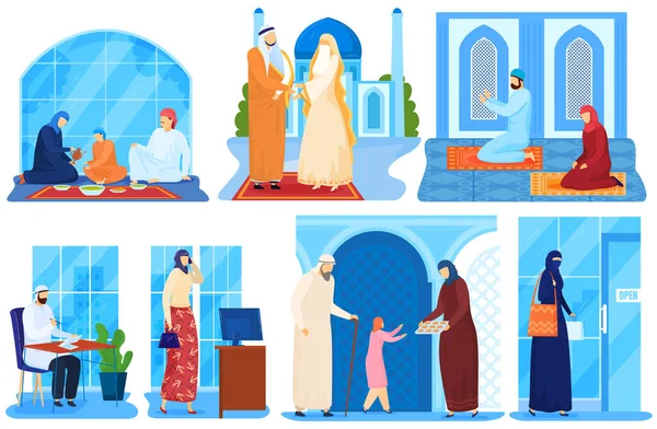 Arabska rodzina muzułmanów lub azjatyckich saudi ludzi w tradycyjnych islamskich tkanin zestaw ilustracji wektorowych. Ludzie w hidżabie odzieży narodowej modlą się. — Wektor stockowy